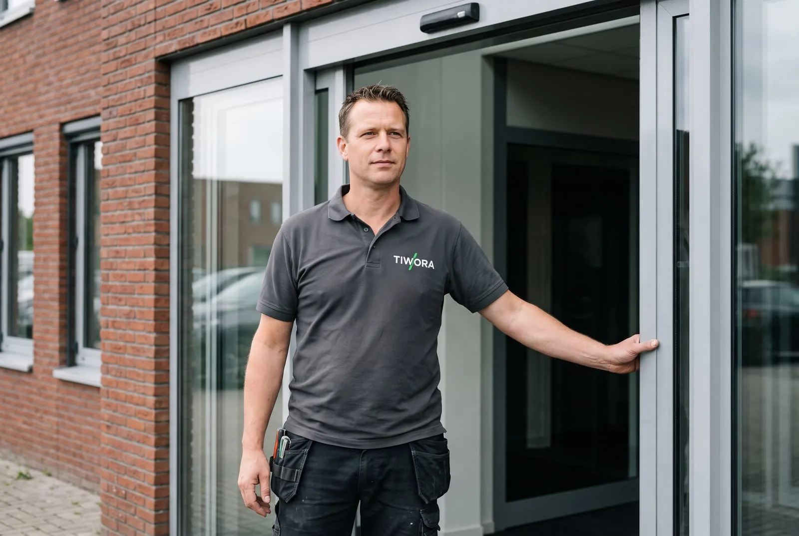 TIWORA-monteur houdt een automatische schuifdeur open bij de entree van een bedrijfspand